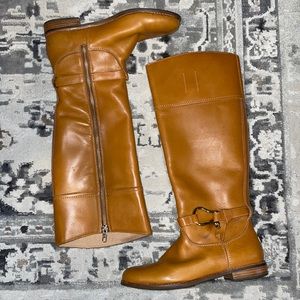 Leather riding boots, Sperry, waterproof tan with gold zipper and details